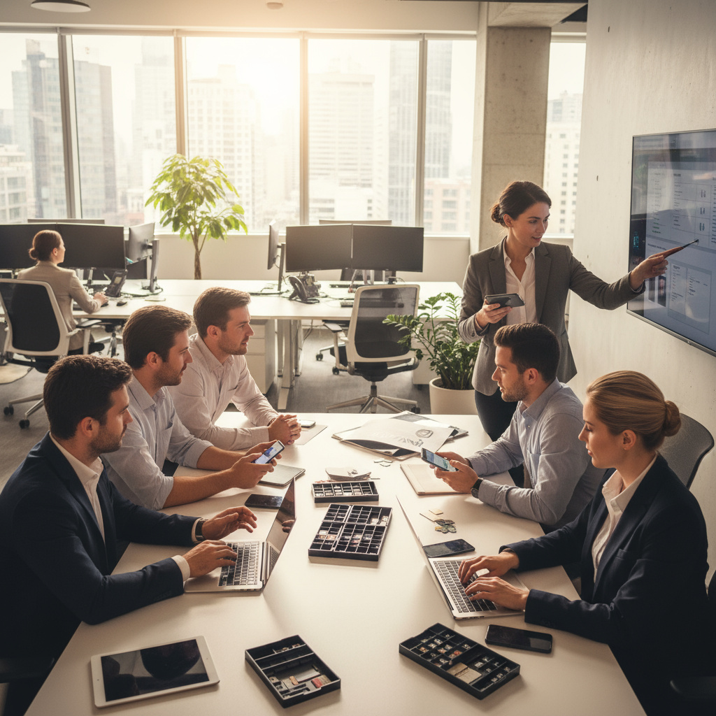 Team verwaltet mobile Geräte und SIM‑Karten im Büro