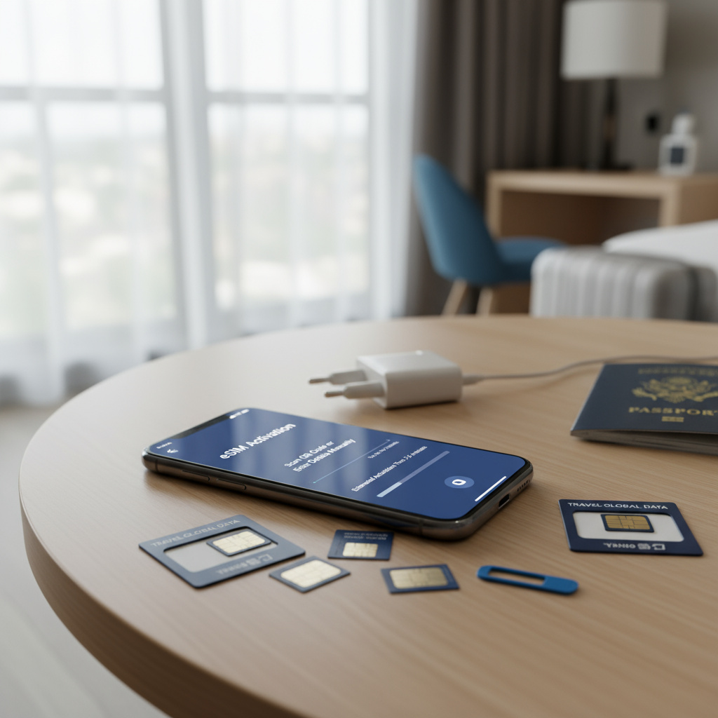 Smartphone mit eSIM‑Aktivierung neben physischen SIM‑Karten