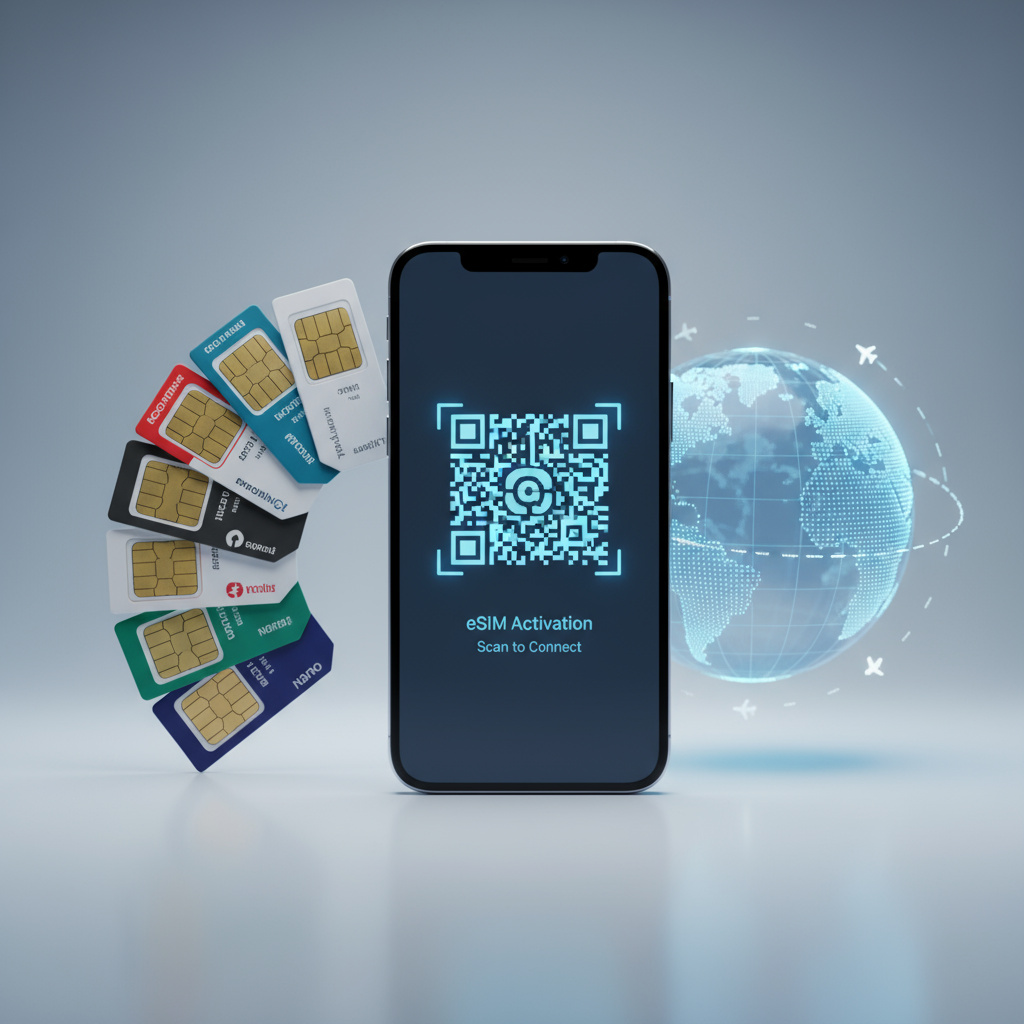 Collage: SIM‑Karten, eSIM QR und Globus